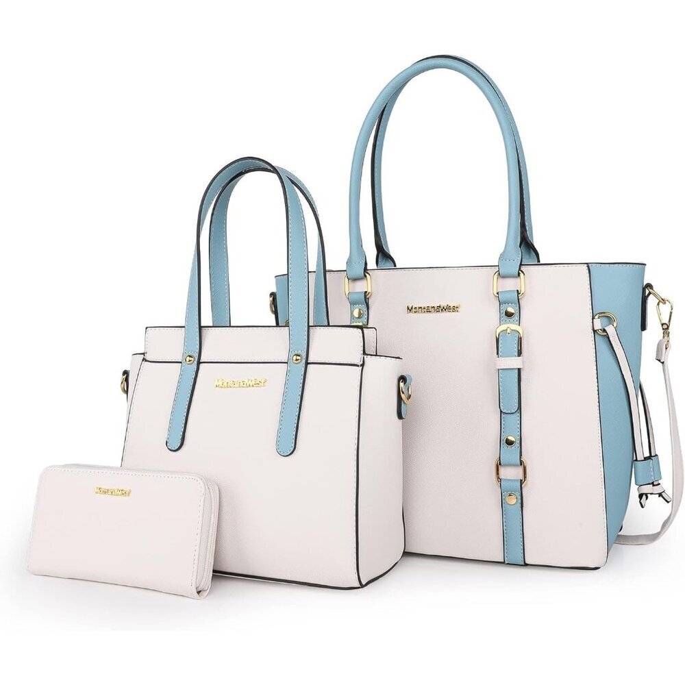 Women’s Beige & Blue 3PCS Purses Tote Wallet & Shoulder Satchel Handbags Set